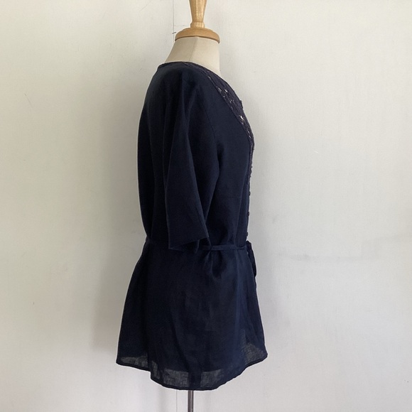Japanese luxury brand navy linen/lace placard front button self tie short top 6 - Picture 4 of 10